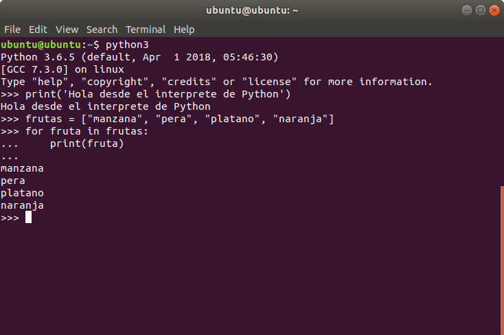 Intérprete de Python corriendo en la terminal de Ubuntu